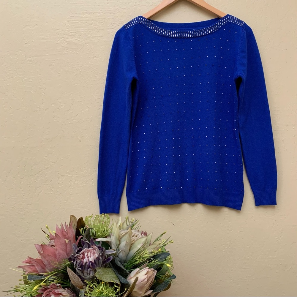 Royal Blue Cashmere Sweater with Gold-Colored Beads and Neckline